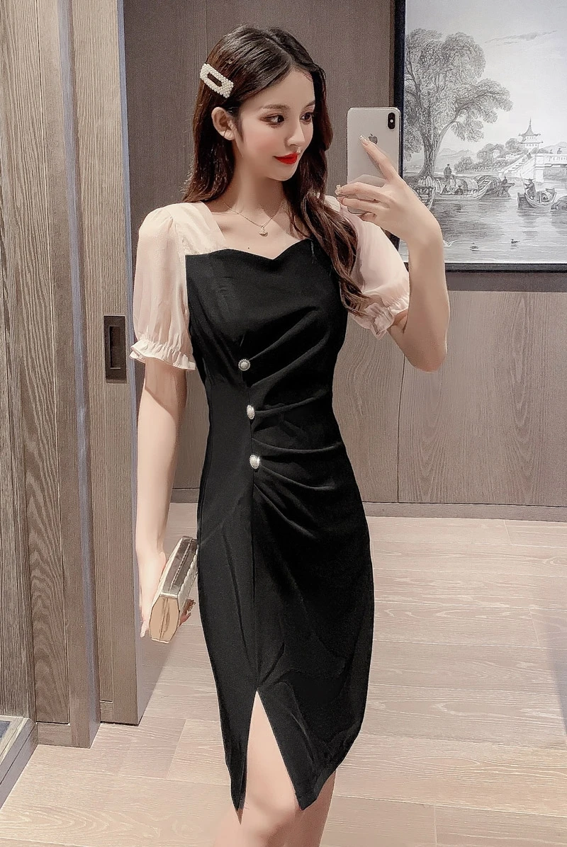 

COIGARSAM Patchwork Women dress New Summer Mesh Dresses Black 9502
