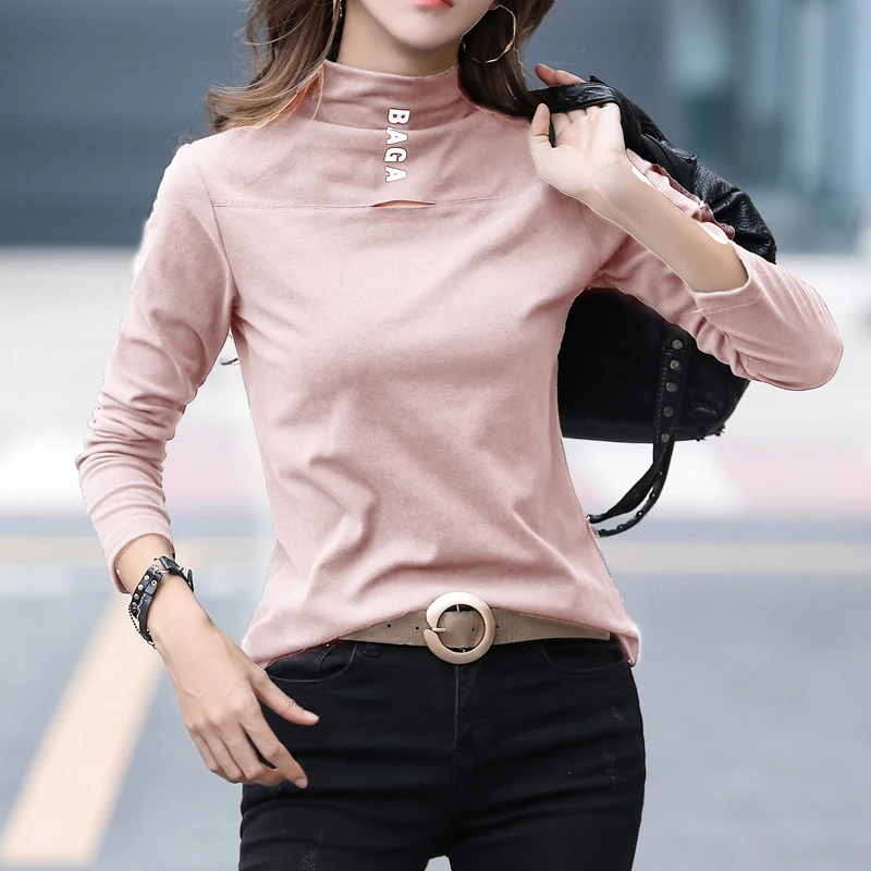 

Autumn and winter Plush hollowed out printing half high collar bottoming shirt long sleeve T-shirt for women