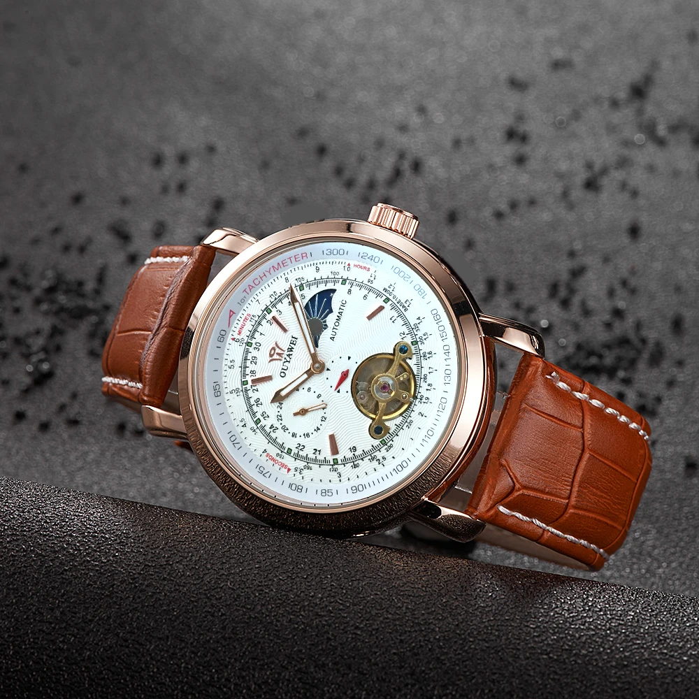 OUYAWEI, новинка, механические наручные часы, розовое золото, чехол Tourbillon, Moonphase, автоматическая обмотка, мужские часы, деловые часы, Montre Homme