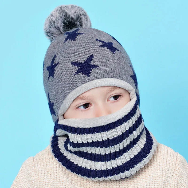 Winter Kids Hat Pom Pom Knit Beanie Hats for Baby Boy Hat Scarf Snood with Fleece Lining Caps for Boys