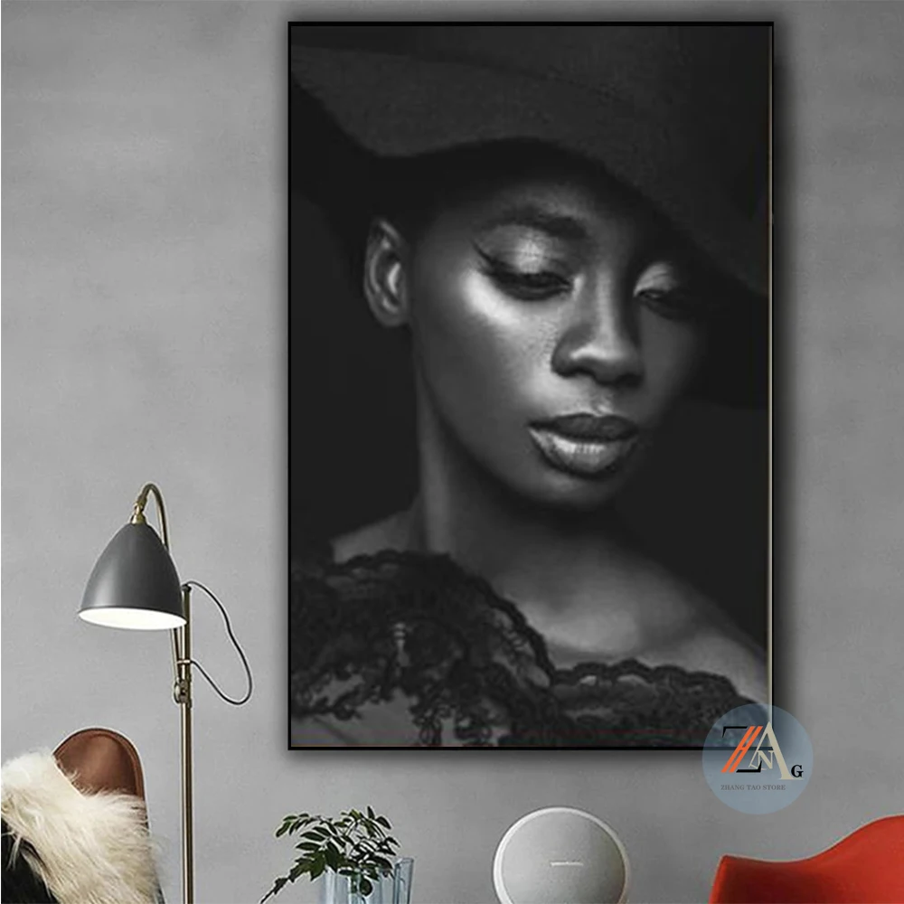 

Portrait Canvas Painting Black White Prints Glamour Woman With Hat Wall Art Pictures For Living Room Gallery Home Decor No Frame