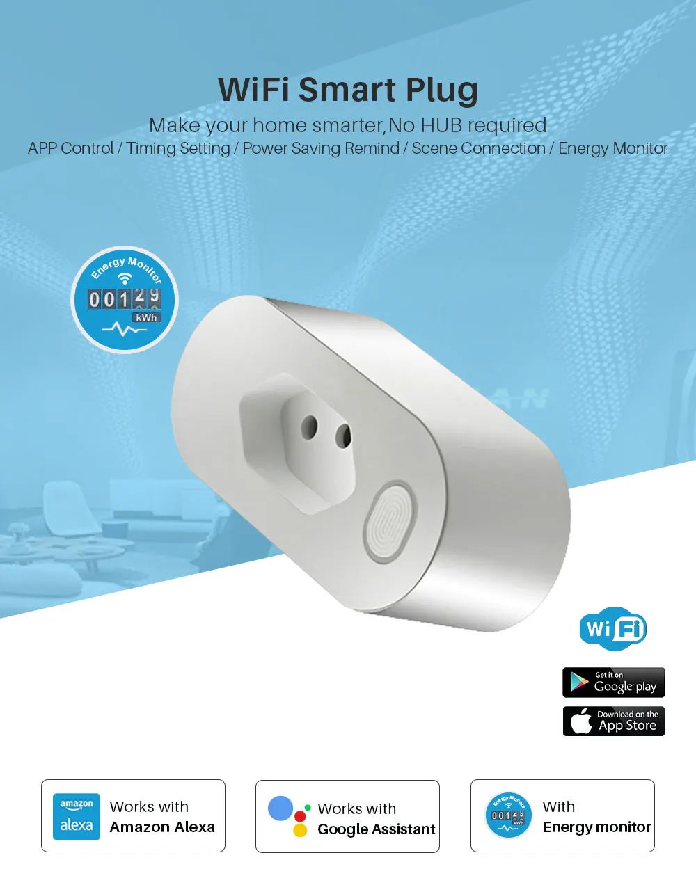 WiFi умная розетка, Бразильская стандартная розетка с контролем энергии, совместимая с Alexa Google Assistant