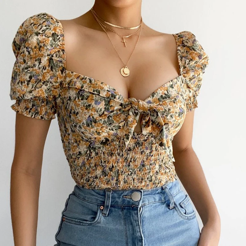 

2021 Women Puff Sleeve Crop Top Floral Cut Out Ruffled V-Neck Bow Slim Fit Elastic Print Blouse Summer Prairie Chic Tops