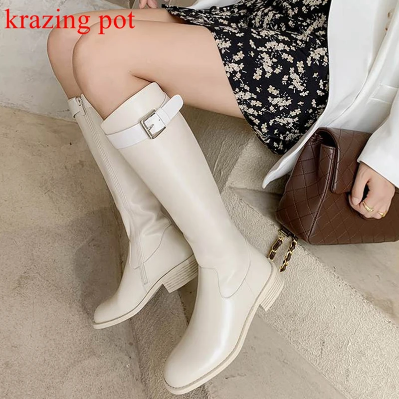 

krazing pot cow leather round toe beige classical riding boots platform keep warm thick med heel metal button knee-high boots
