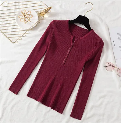 

Autumn and winter new sweater women's single breasted Crew Neck Long Sleeve bottoming shirt with a slim fit and knitwear