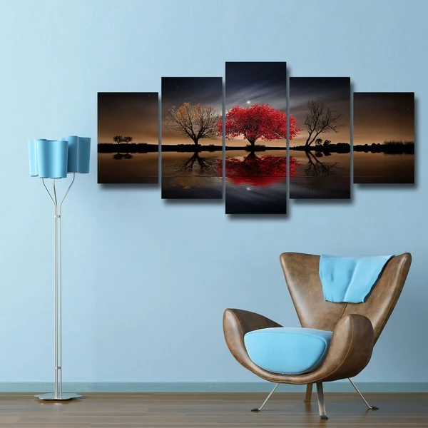 5 шт. красное дерево красная ночь луна отражение на озере холст картина HD печать