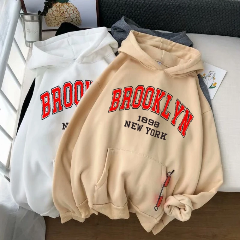 

Women's hooded velvet sweatshirt, Brooklyn printed sweatshirt, 2021 cotton, thick and warm, autumn and winter coat