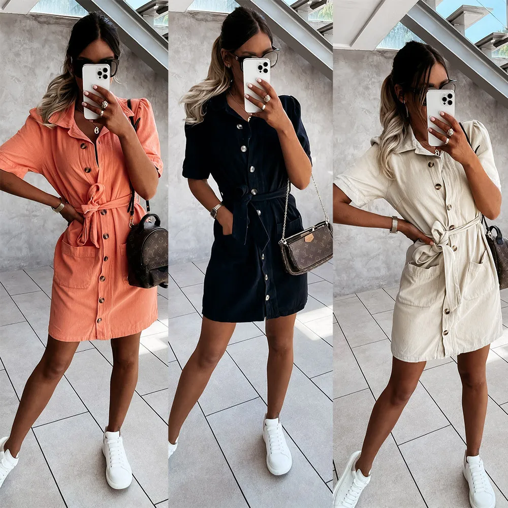 Купи Dresses For Women 2023 Summer Clothes Fashion Lapel Waist Single Breasted Denim Skirt Short Sleeved Lace Up Slim Dress за 1,348 рублей в магазине AliExpress