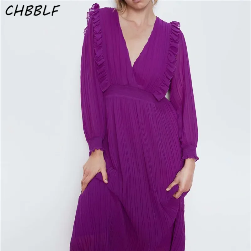 

CHBBLF women vintage chiffon V neck dress long sleeve elastic waist female casual chic purple A line dresses vestidos XDN9458