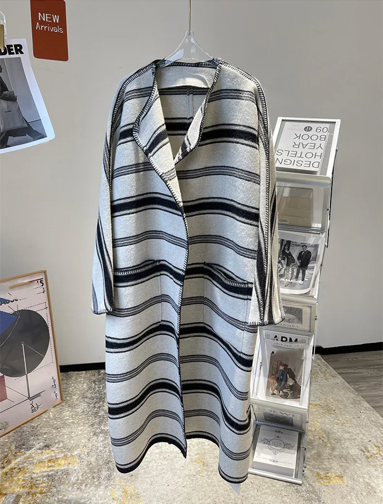 

Europe Style Women's High Quality 70% Wool Stripe loose overcoat C617