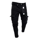 Мужские джинсы в стиле хип-хоп, черные мотоциклетные узкие эластичные джинсы с боковым карманом, мужские повседневные брюки-карандаш для бега, новинка 2021