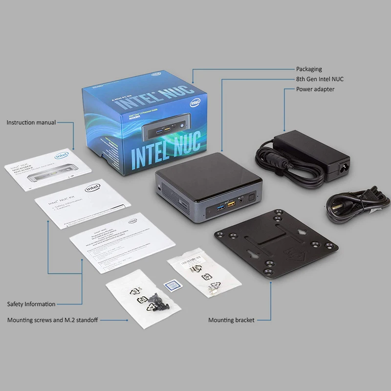 Мини-ПК Intel NUC NUC8i3BEK двухъядерный процессор DDR4 M.2 SSD Windows 10 Pro Wi-Fi Bluetooth 4K поддержка