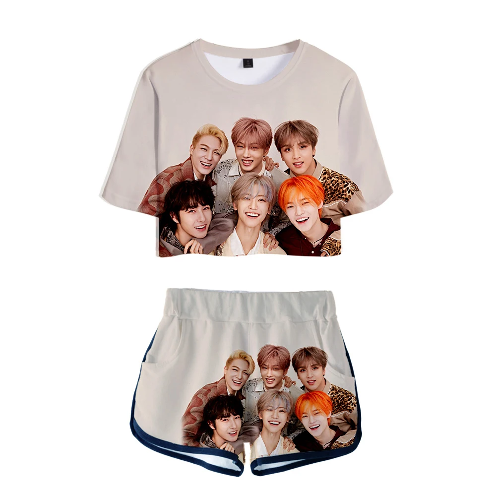 

Модный крутой комплект из двух предметов KPOP NCT, женская футболка, комплект из двух предметов, короткий топ для женщин, комплекты одежды для ж...