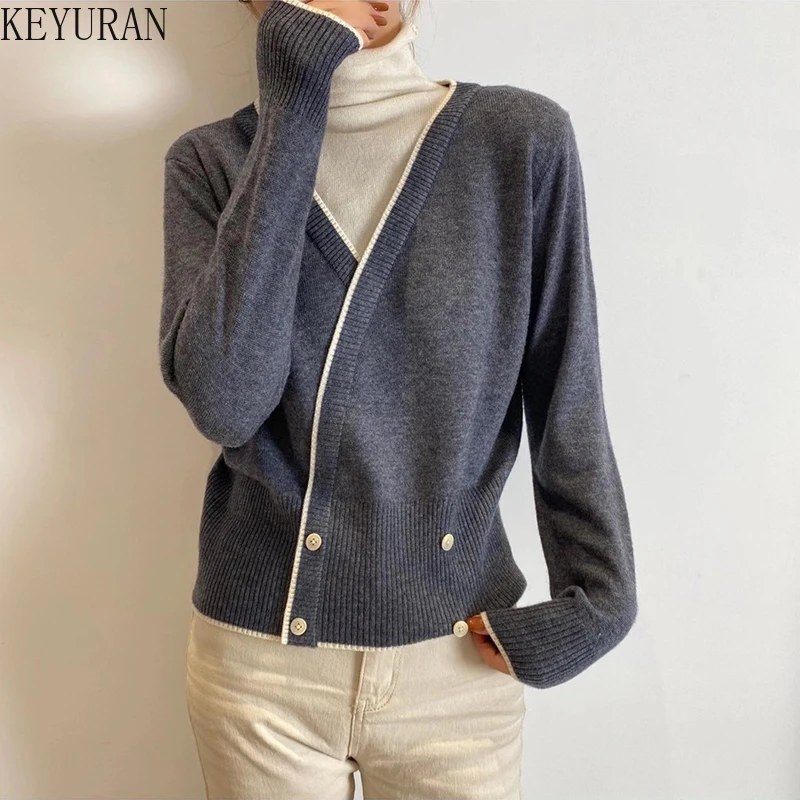 

2021 New Autumn Winter Turtleneck Sweater Women Fashion Loose Fake Two-piece Patchwork Loose Pullover Knitted Sweater Tops Femal