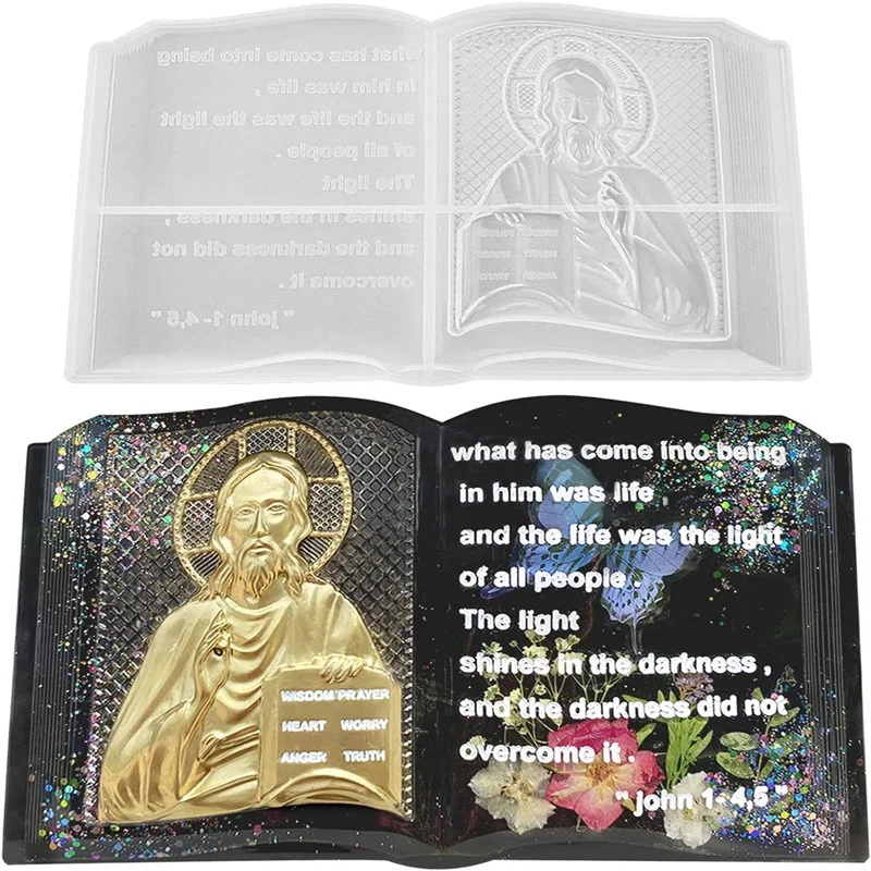 

3D Holy Bible Resin Mold Silicone Jesus Mold for Resin Casting Open Book Bible Silicone Mold for Epoxy Resin Wall Hanging Decor