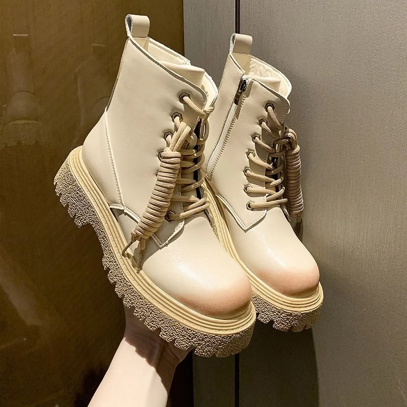 

Женские ботинки на шнуровке, черные или бежевые мотоциклетные ботильоны, массивная обувь в стиле панк/готика, на платформе, 2021
