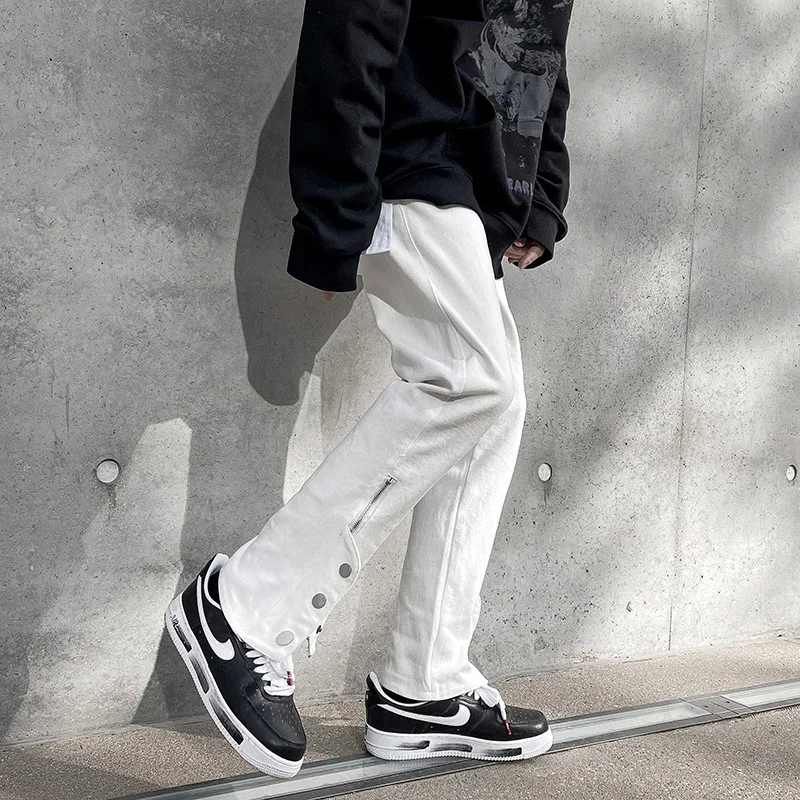 Straight Jeans Men Spring Boyfriend Jeans Streetwear Skinny Cacual Designer Button Denim Pants Hiphop High Street Zipper Trouser