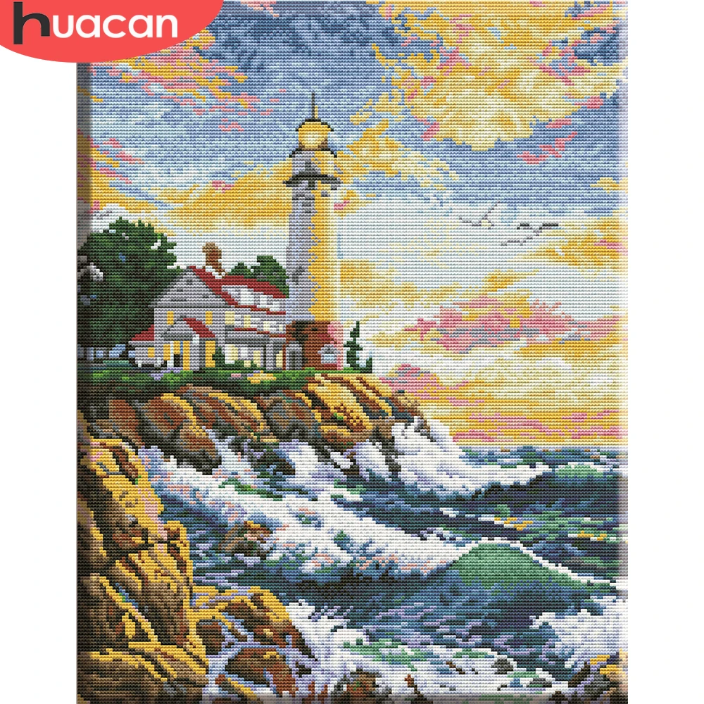 HUACAN Lighthouse Embroidery Kits Cross Stitch Sea Landscape Needlework Sets White Canvas DIY Home Decoration 14CT 40x50cm