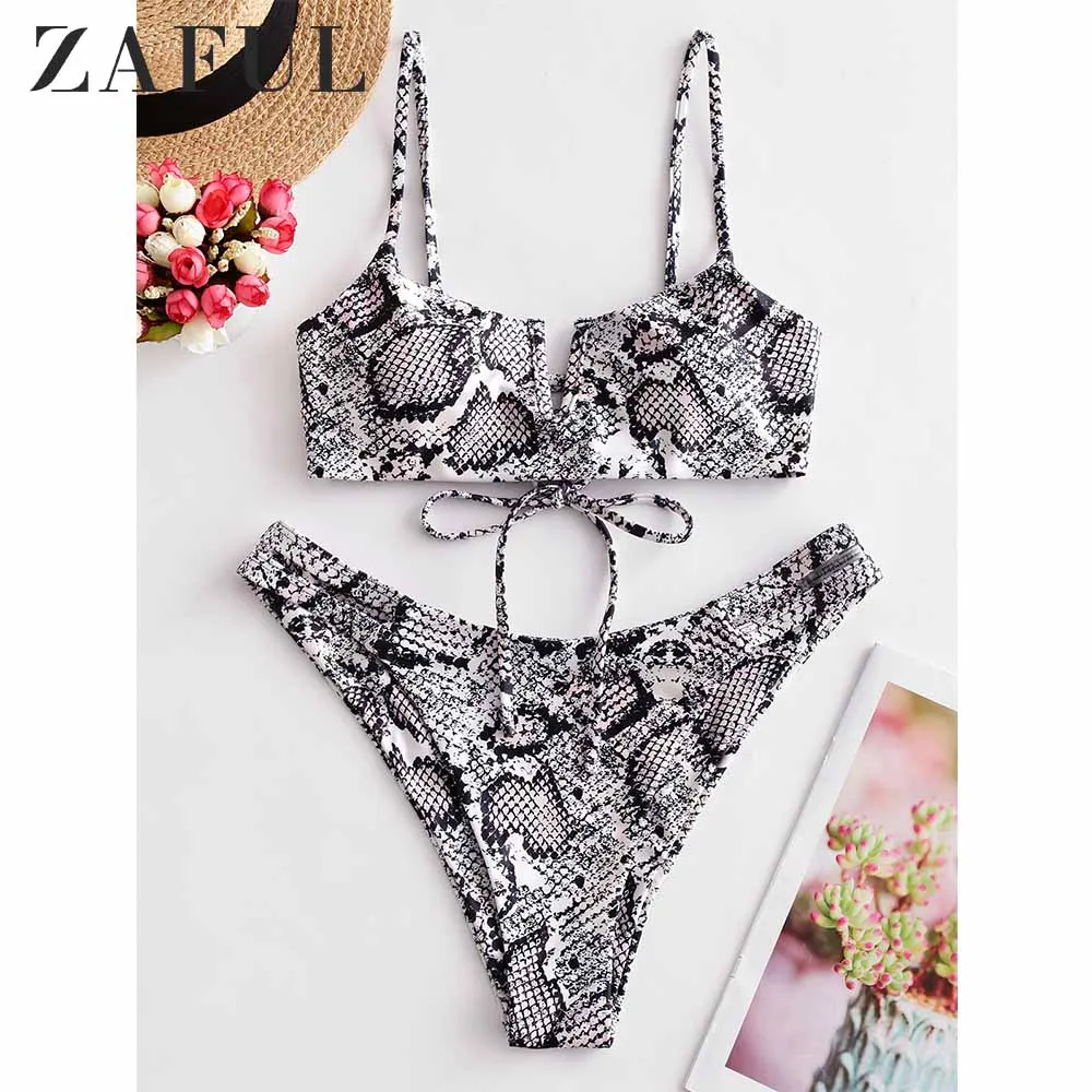 Женский купальник-бикини ZAFUL v-образный вырез на шнуровке с животным принтом