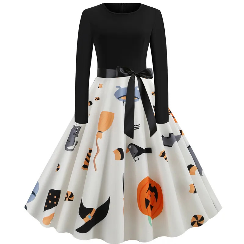 

Popular foreign trade new Christmas printing splicing long sleeve big swing dress ribbon
