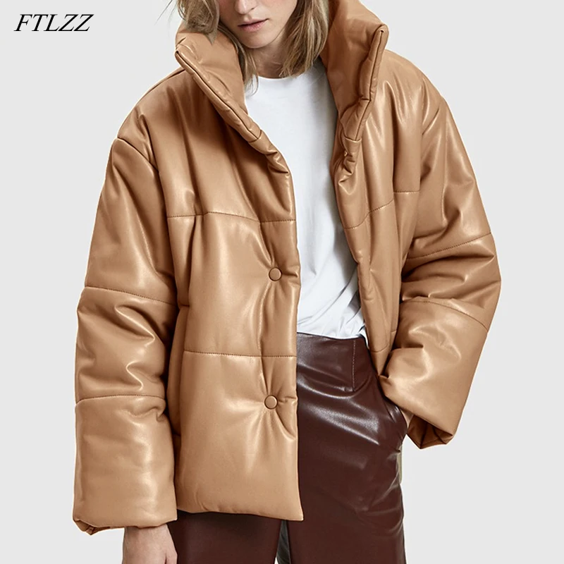 

FTLZZ новые женские зимние модные пальто из искусственной кожи Элегантные однотонные хлопковые куртки высокие теплые толстые кожаные парки