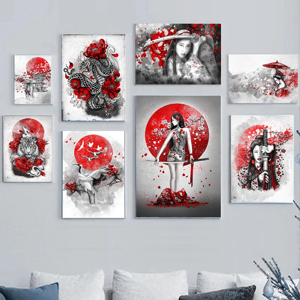 

Japanese Zen Ink Painting Art Poster Warrior Samurai Koi Sakuras Canvas Painting Prints Wall Art Pictures Living Room Home Decor