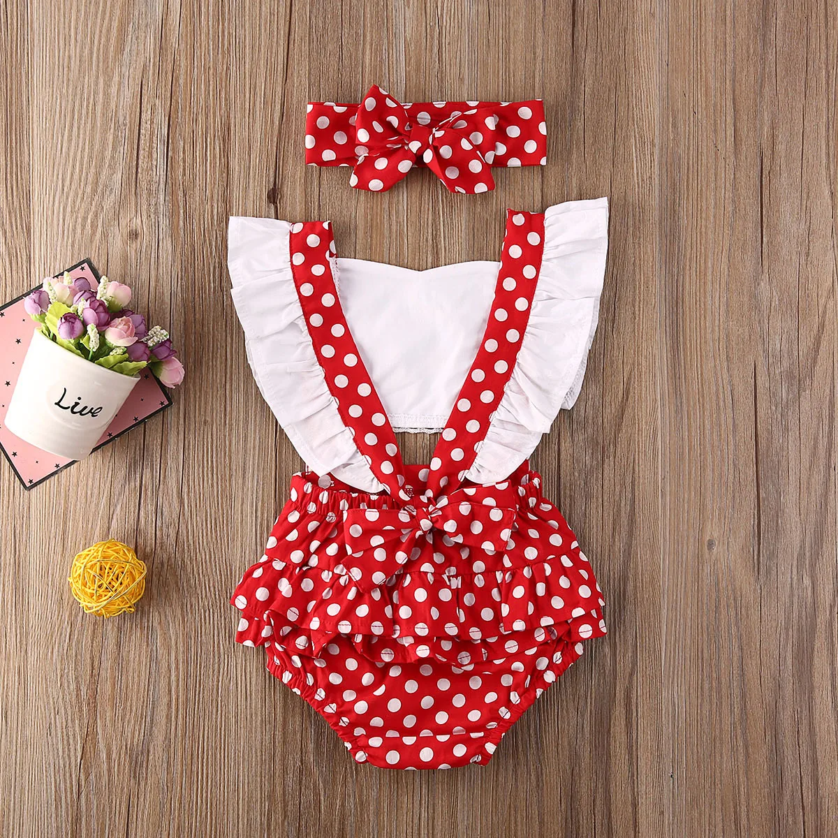 

0-24M Newborn Baby Girl Flower Dot Print Ruffle Sleeveless Romper Backless Bownot Jumpsuit Headband 2pcs Outfit Summer Clothing