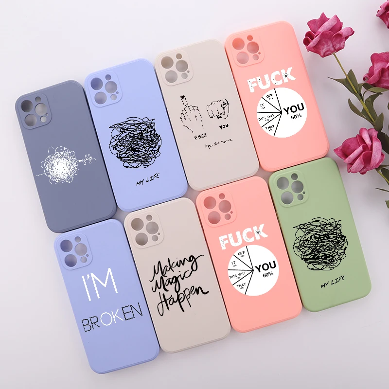 

Geometry Interesting Text Liquid Silicon Phone Cover For iPhone 11 12 13 Pro Max Mini XS XR X 7 8P Shockproof Phone Case Shell