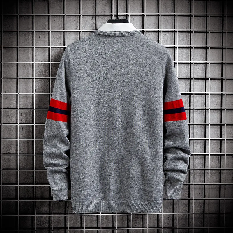 

New Sweater Men 2021 Autumn Winter Knitwear Warm Pullover Sweaters Mens Fashion Striped Casual O-Neck Fake Two Piece Pull Homme