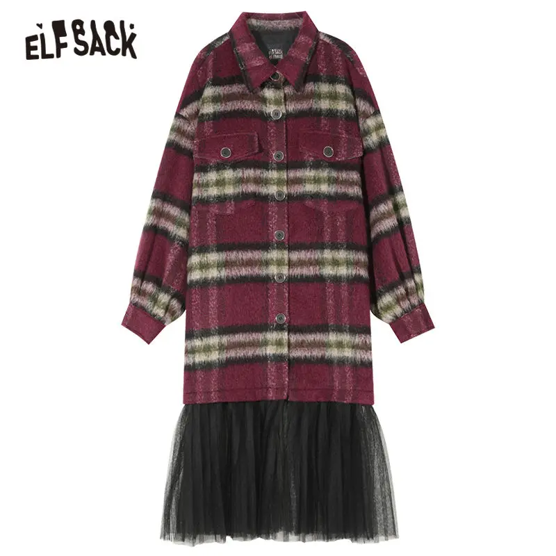 ELFSACK клетчатое прямое однобортное контрастное Сетчатое шерстяное пальто для