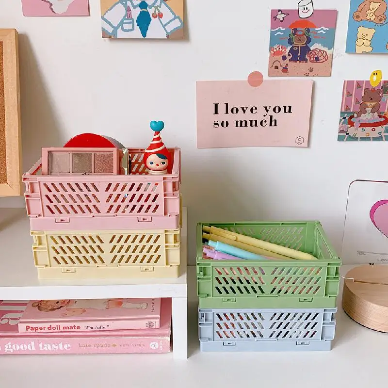 Ins Kawaii Desktop Folding Plastic Storage Basket Sundry Toys Snack Box Dormitory Artifact Finishing Small Frame | Дом и сад