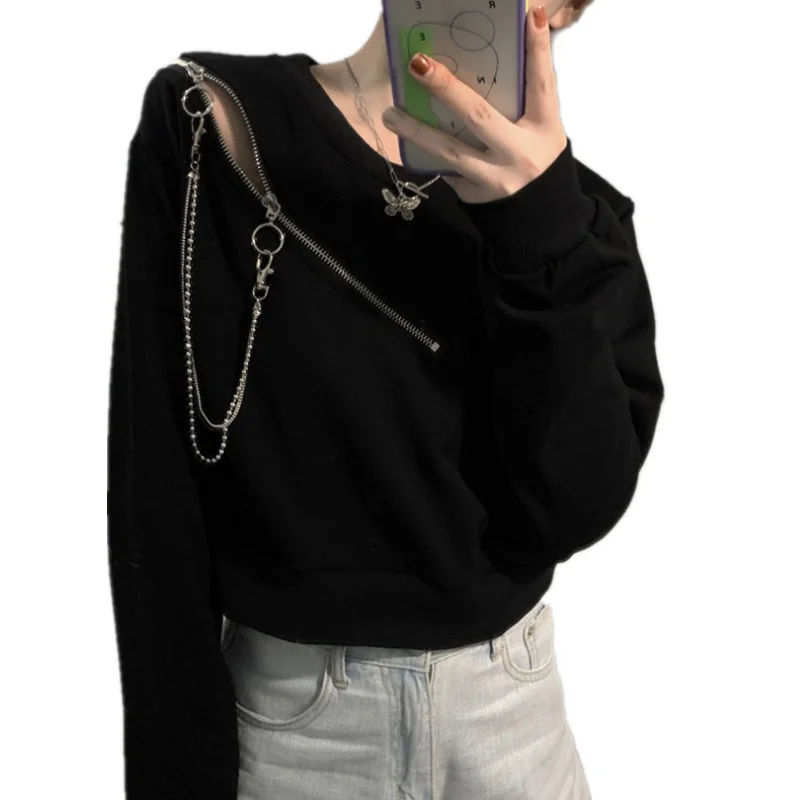 

Осень 2021, уличная одежда в стиле Харадзюку, короткий свитшот в стиле панк, Женский пуловер на молнии с цепочкой и вырезами на одно плечо, крут...