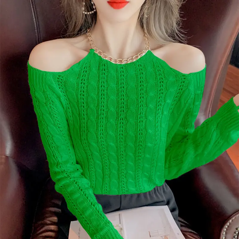 

Chic Metal Chain Halter Knitted Sweater Autumn Women Korean Sexy Off Shoulder Hollow Out Knitting Pullover Loose Pull Sweaters