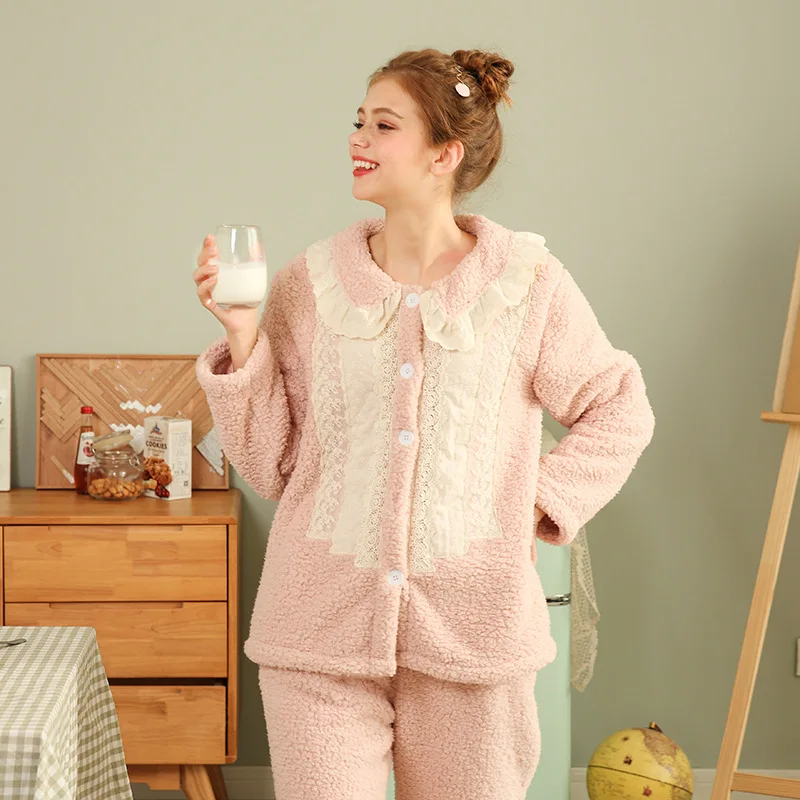 

Women Pajamas Winter Thickening Autumn Pj Sets for Long Sleeve Sexy Cute Bubble Fleece Two Piece Pajamas Ladies Home Wear