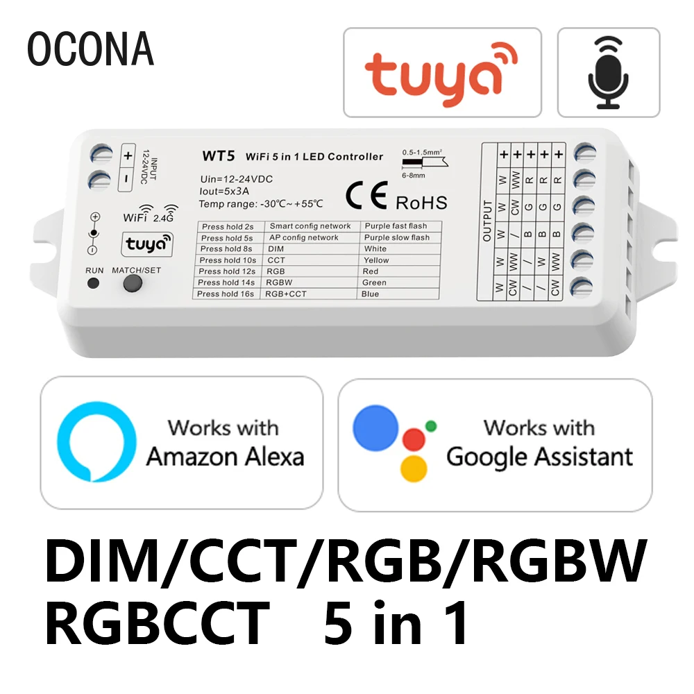 Умный светодиодный контроллер Tuya для Alexa Google Assistant Smart Life 5 в 1 регулятор яркости CCT
