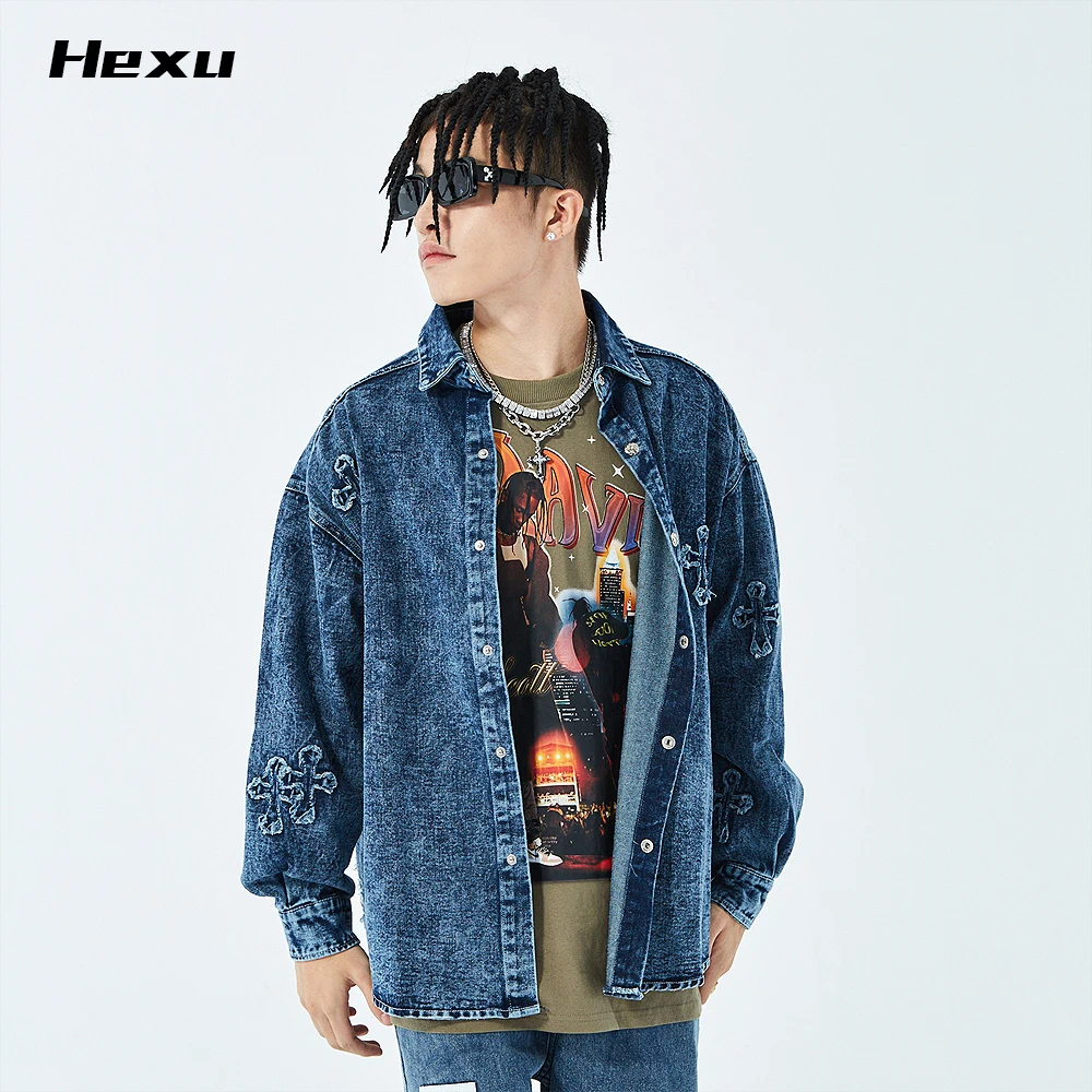 

Джинсовая куртка JK30 мужская с нашивками, уличная одежда в стиле хип-хоп, стирка, пальто в стиле Харадзюку, Повседневная Верхняя одежда унисе...