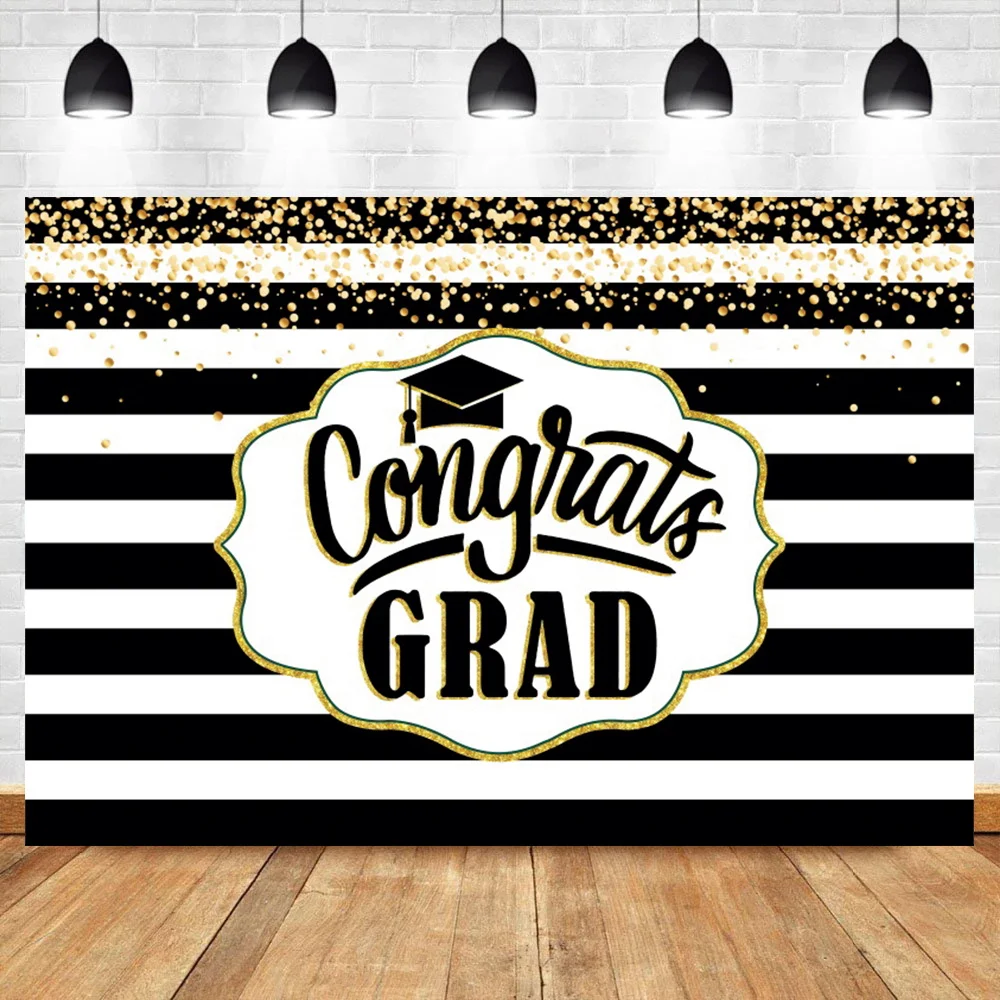 

Laeacco Congratulations Of 2021 Grade Bachelor Cap Black White Stripes Gold Dots Poster Photographic Background Photo Backdrops