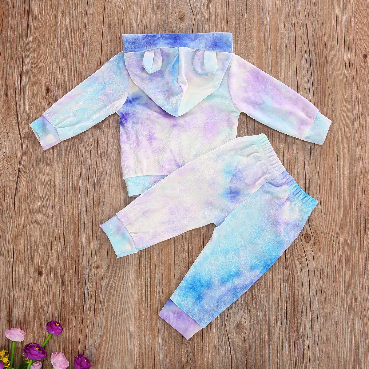 Infant Spring Autumn Sets 2 Pieces Baby Girl Boy Suit Set Tie-Dye Velvet Long Sleeve Hooded Top and Trousers Green/Orange/Blue | Детская