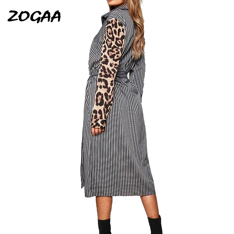 

ZOGAA leopard stitching striped shirt dress female spring Vestidos elegant super dress streetwear retro personality long skirt