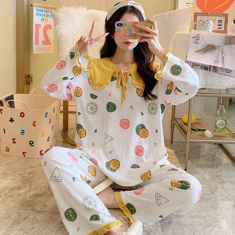 

Harajpee Women Pajamas 2021 Spring Autumn Korea Sweet Temperament Ladies Long-Sleeved Cotton Printings Princess Style Home Wear