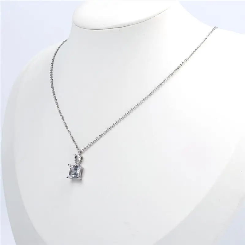 

1 PC New Stainless Steel & Copper & Glass Necklace Silver Color Square Drop Pendant Clear Rhinestone For Women Gift 45cm Long