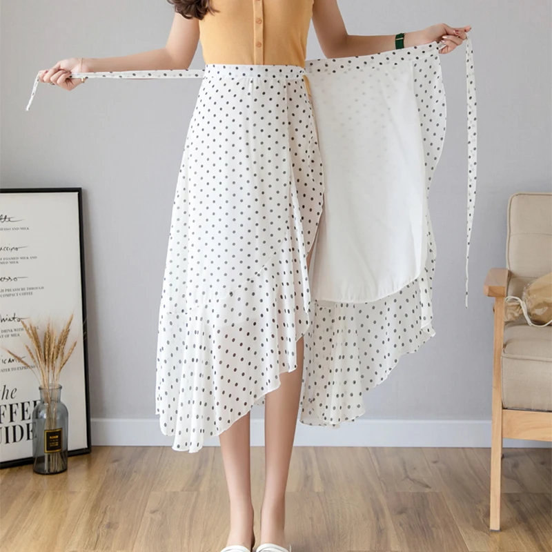 

Summer New Chiffon Skirts Women Asymmetrical Lace-up Print Dot Skirt Female High Waist Slim Thin A Line Casual Falda Midi Femme