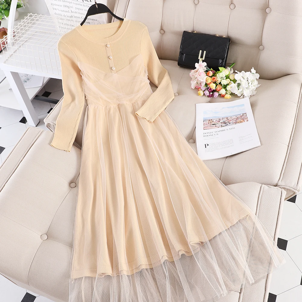 Women Dress Женское зимнее Плиссированное Полосатое трикотажное платье с круглым вырезом и длинными рукавами, винтажное эластичное тонкое Сетчатое газовое платье на пуговицах, платье миди - Цвет: Women Dress