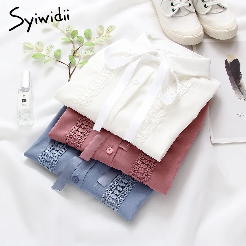 Кружевная открытая шифоновая модная женская блузка с отложным воротником и