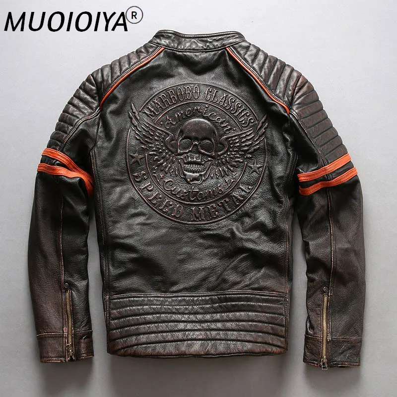 

Factory New Men 3D Skull Motorcycle Genuine Leather Jacket 100% Real Soft Cowhide Slim fit Jackets Rider Winter Coats