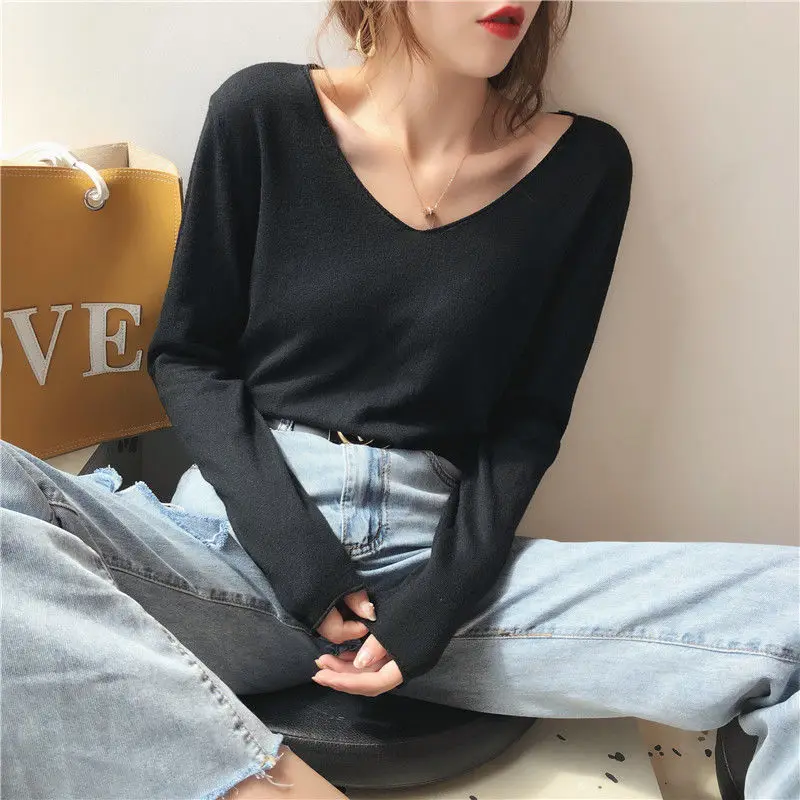 

2021 New Oversized T Shirt Basic Tshirt V neck Korean Clothes Roll Hem Knitted Long sleeve Avocado green Ladies Tops Casual