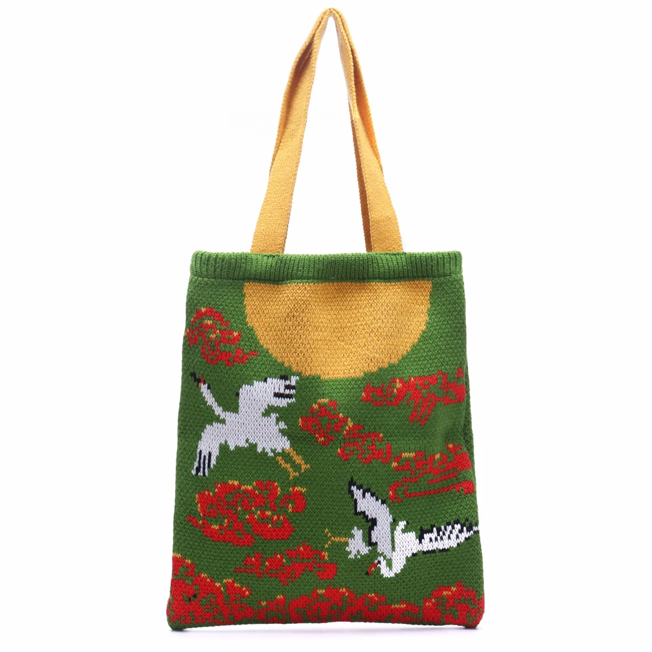 

Ladies Fashion Ethnic Pattern Knitting Crochet Shoulder Handbag Girl Large Capacity Embroidery Cute Student Notebook School Bag