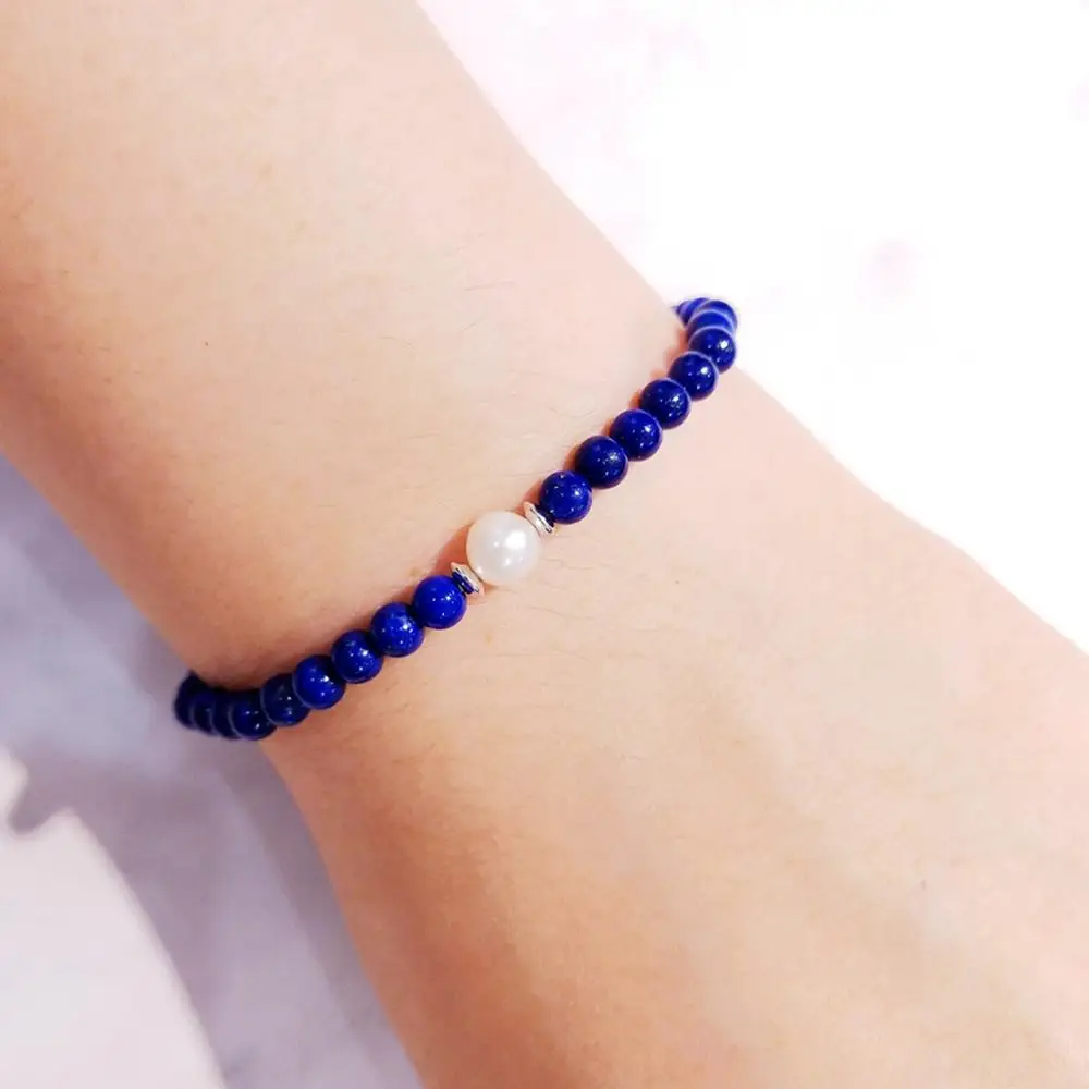 LiiJi уникальный растягивающийся браслет для йоги лазурит жемчуг Braclet Стерлинговое