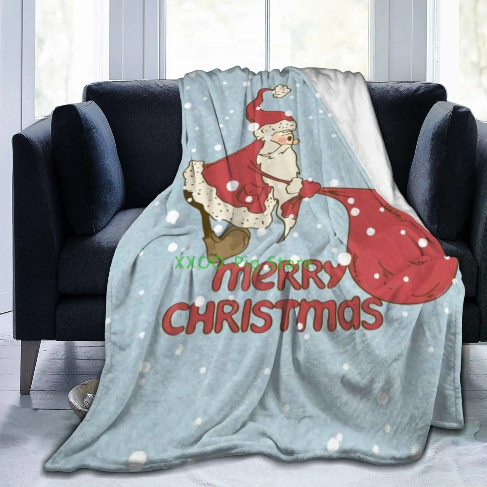 

A Christmas Fleece Throw Blanket Santa Claus Pulling Big Sack Christmas Lightweight Cozy Soft Plush Blanket for Couch Sofa
