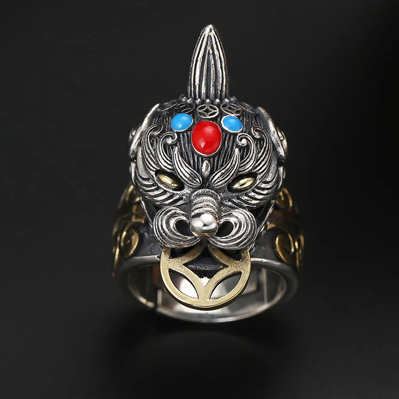 Регулируемое кольцо Pixiu для мужчин серебряного цвета Панк инкрустированное